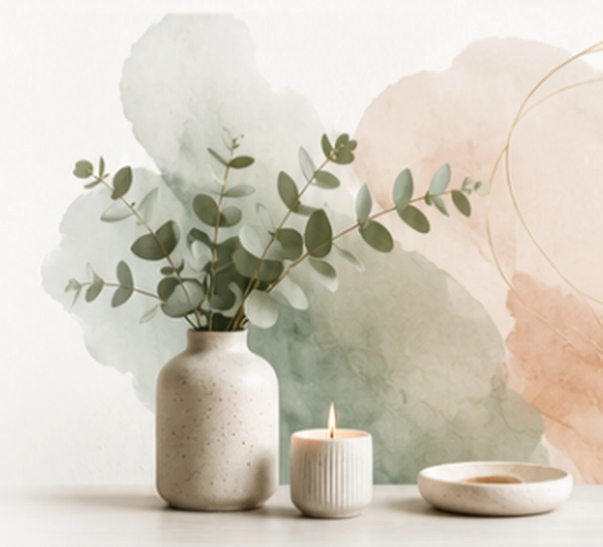 Soft eucalyptus leaves in a ceramic vase beside a candle, representing calm and grounded counselling support.